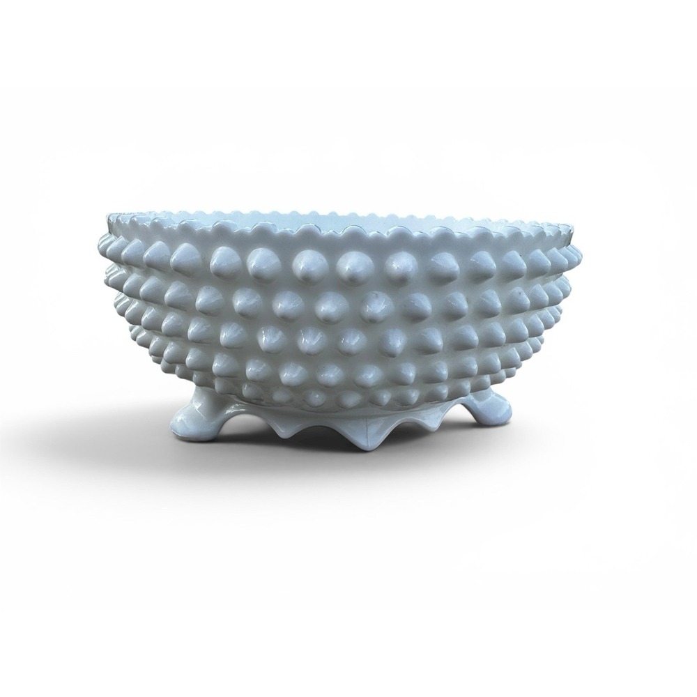 Fenton Milk Glass Hobnail 3 Toed Footed Bowl Candy Dish White 8" Wide Vintage - Picture 4 of 8